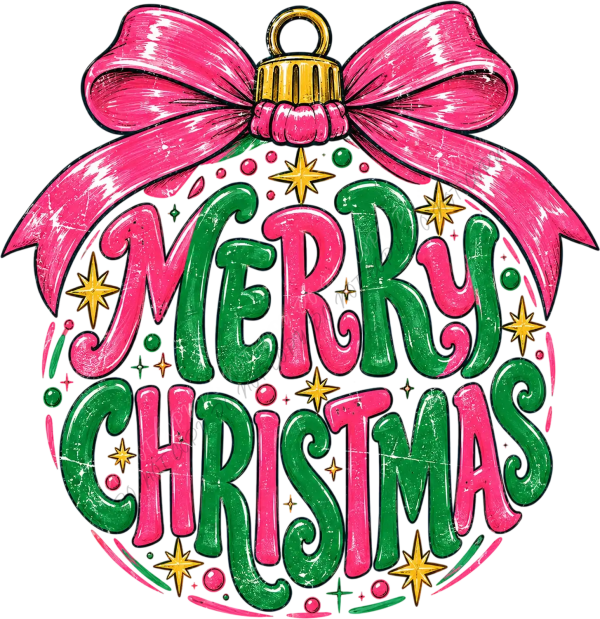 Vibrant pink and green Merry Christmas ornament design with gold stars, ready to press dtf transfer