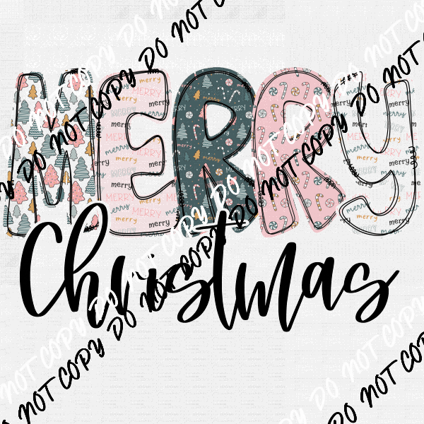 Merry Christmas Pastel Text with Black DTF Transfer - We Print U Press DTF Transfers