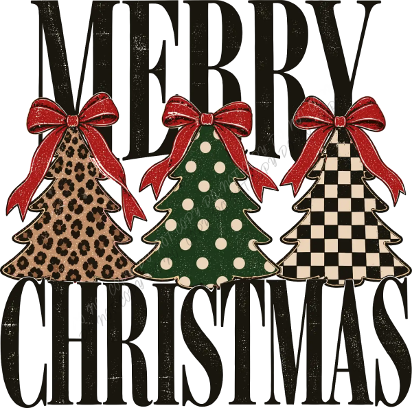 Merry Christmas design with three decorated trees in leopard, polka dot, and checkered patterns with red bows, ready to press dtf transfer