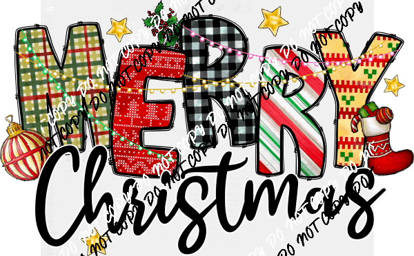 Merry Christmas Patterned Text with Light String DTF Transfer - We Print U Press DTF Transfers