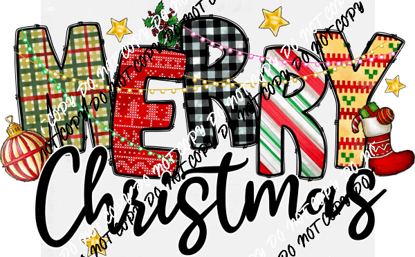 Merry Christmas Patterned Text with Light String DTF Transfer - We Print U Press DTF Transfers