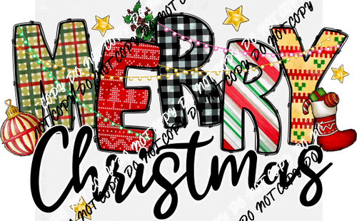 Merry Christmas Patterned Text with Light String DTF Transfer - We Print U Press DTF Transfers