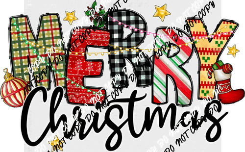 Merry Christmas Patterned Text with Light String DTF Transfer - We Print U Press DTF Transfers