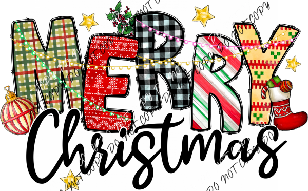 Merry Christmas Patterned Text With Light String Dtf Transfer Rtp Transfers