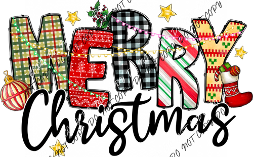 Merry Christmas Patterned Text With Light String Dtf Transfer Rtp Transfers