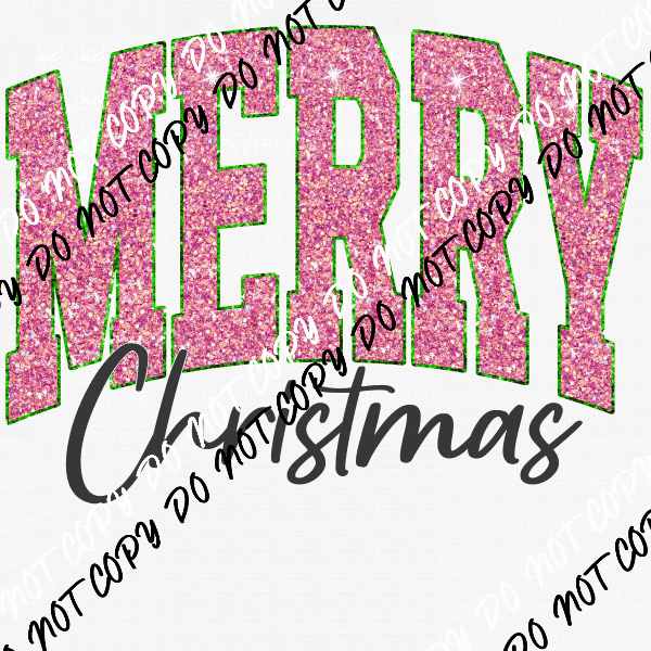 Merry Christmas Pink faux glitter DTF Transfer - We Print U Press DTF Transfers