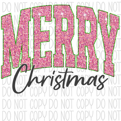Merry Christmas Pink Faux Glitter Dtf Transfer Rtp Transfers
