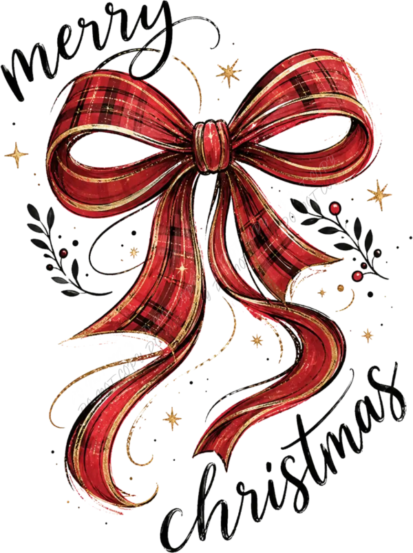 Red plaid tartan bow with gold stars and festive greenery ready to press dtf transfer