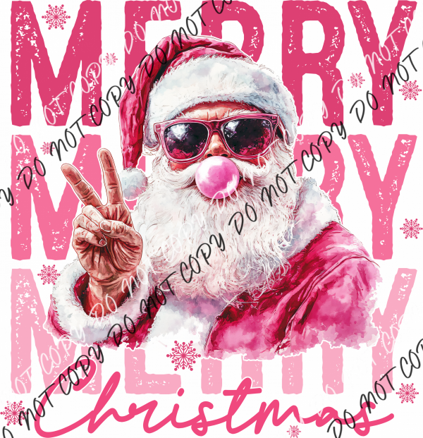 Merry Merry Merry Christmas Santa Peace Bubble Gum Pink DTF Transfer RTP DTF Transfers