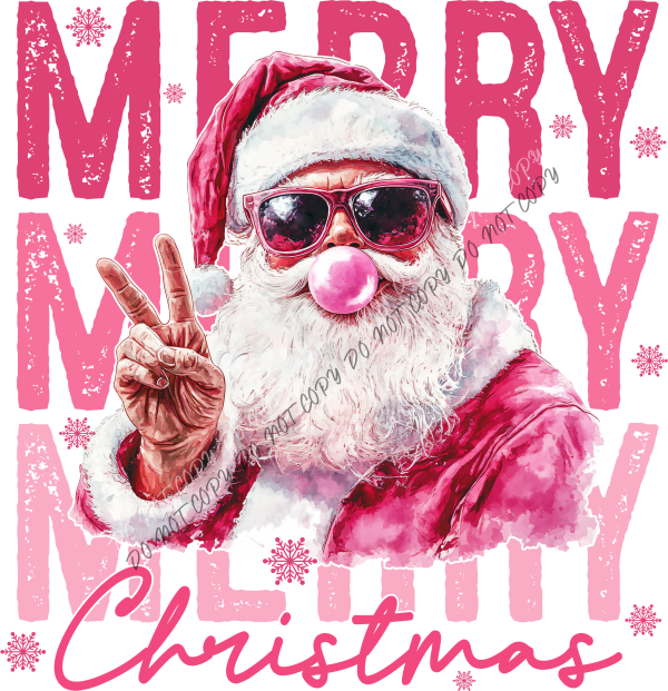 Merry Merry Merry Christmas Santa Peace Bubble Gum Pink DTF Transfer RTP DTF Transfers