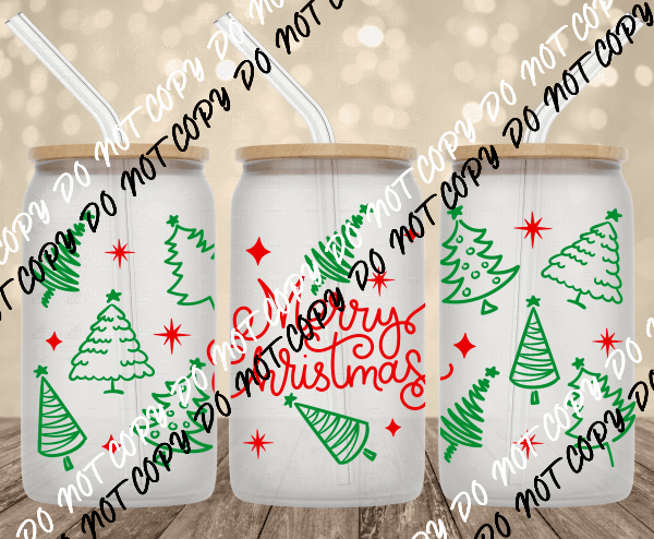 Merry Christmas Tree UV Transfer for 16 oz Glass Can - We Print U Press DTF Transfers