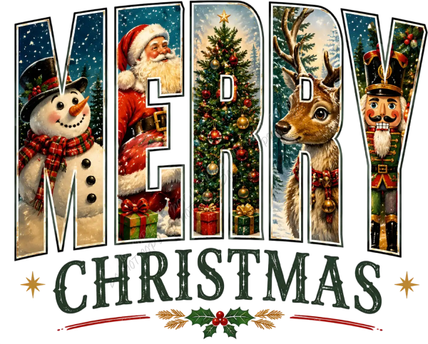 Vintage Merry Christmas design featuring snowman, Santa, Christmas tree, reindeer and nutcracker—ready to press dtf transfer