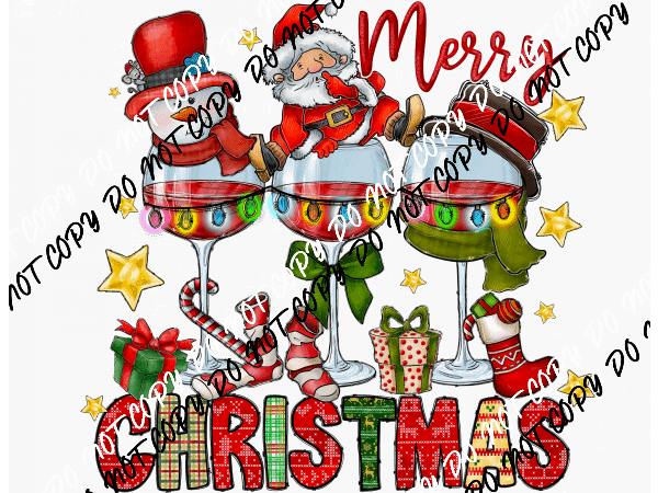 Merry Christmas Wine Glass Trio DTF Transfer - We Print U Press DTF Transfers