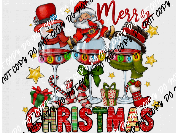 Merry Christmas Wine Glass Trio DTF Transfer - We Print U Press DTF Transfers