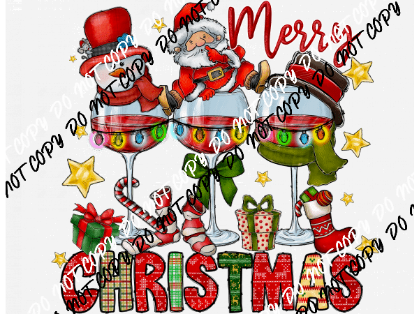 Merry Christmas Wine Glass Trio DTF Transfer - We Print U Press DTF Transfers