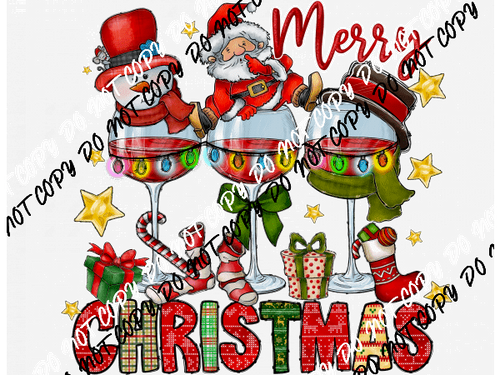 Merry Christmas Wine Glass Trio DTF Transfer - We Print U Press DTF Transfers