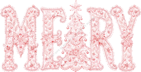Pink ornamental floral Merry Christmas design with holiday decorations, ready to press dtf transfer