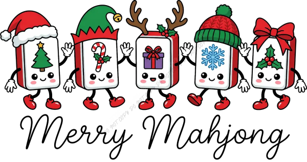Five cute anthropomorphic mahjong tile characters in holiday outfits, ready to press dtf transfer design for custom apparel