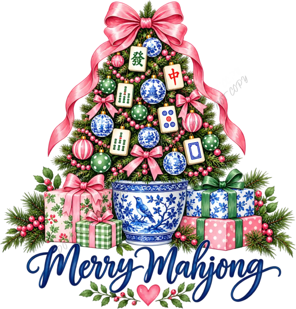 Merry Mahjong Christmas tree design with mahjong tiles, pink bows, blue porcelain ornaments, ready to press dtf transfer