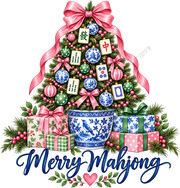 Merry Mahjong Pink Bow Christmas Tree Chinoiserie DTF Transfer
