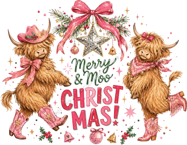 Two adorable Highland cattle wearing pink cowboy hats and boots with festive Christmas decorations, ready to press dtf transfer