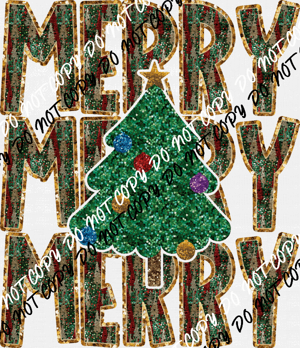 Merry stacked with Christmas Tree faux sequin DTF Transfer - We Print U Press DTF Transfers