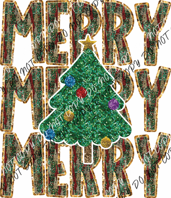 Merry Stacked With Christmas Tree Faux Sequins Dtf Transfer Transfers