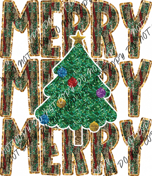 Merry Stacked With Christmas Tree Faux Sequins Dtf Transfer Transfers