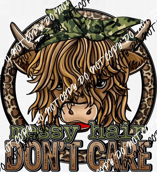 Messy Hair Don't Care Camo Highland Cow DTF Transfer - We Print U Press DTF Transfers