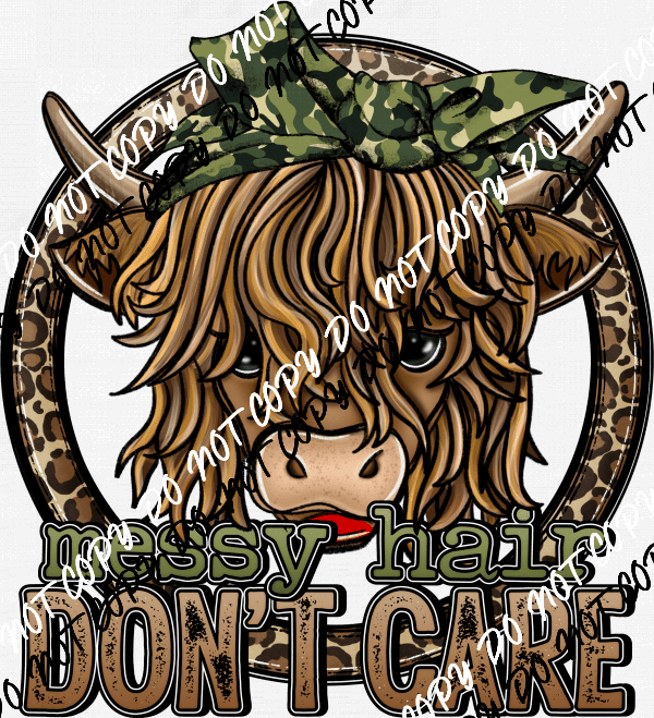 Messy Hair Don't Care Camo Highland Cow DTF Transfer - We Print U Press DTF Transfers