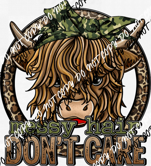 Messy Hair Don't Care Camo Highland Cow DTF Transfer - We Print U Press DTF Transfers