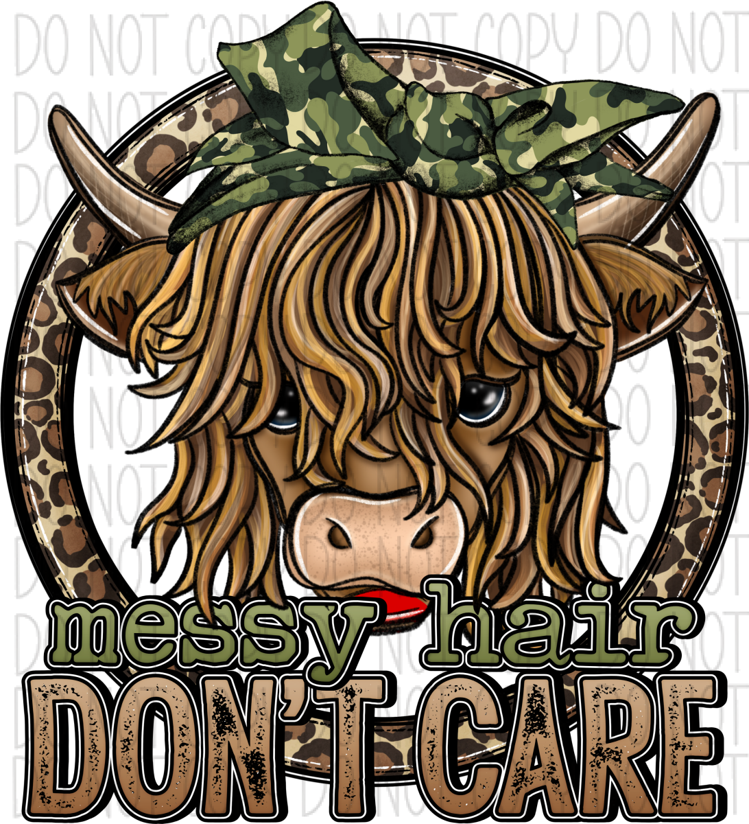 Messy Hair Dont Care Camo Highland Cow Dtf Transfer Rtp Transfers