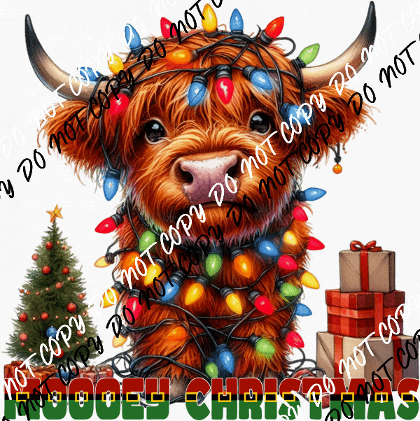 Mooey Christmas Highland Cow with Lights DTF Transfer - We Print U Press DTF Transfers