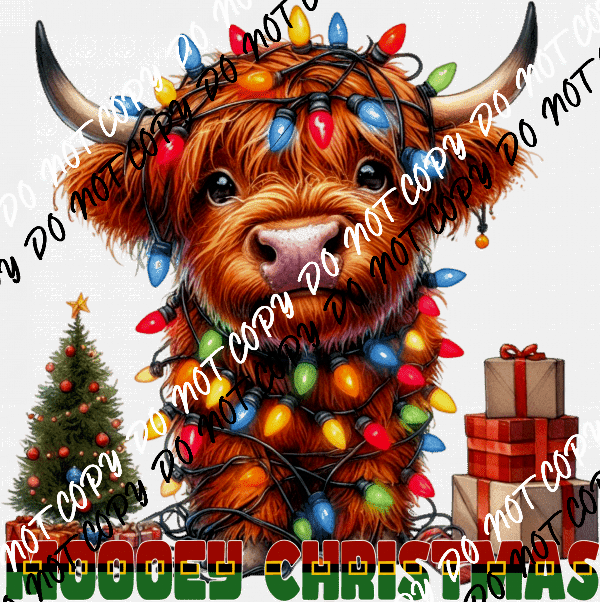 Mooey Christmas Highland Cow with Lights DTF Transfer - We Print U Press DTF Transfers