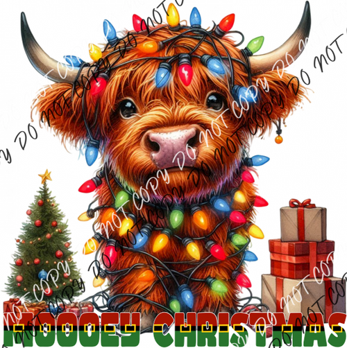 Mooey Christmas Highland Cow With Lights Dtf Transfer Rtp Transfers