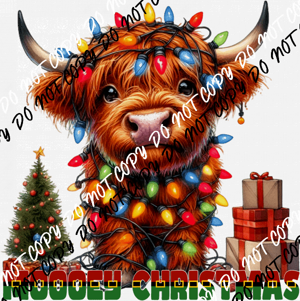 Mooey Christmas Highland Cow with Lights DTF Transfer - We Print U Press DTF Transfers