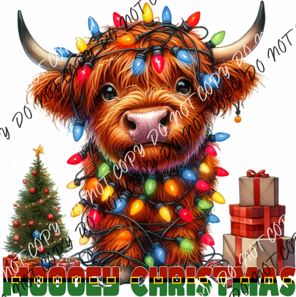 Mooey Christmas Highland Cow With Lights Dtf Transfer Rtp Transfers