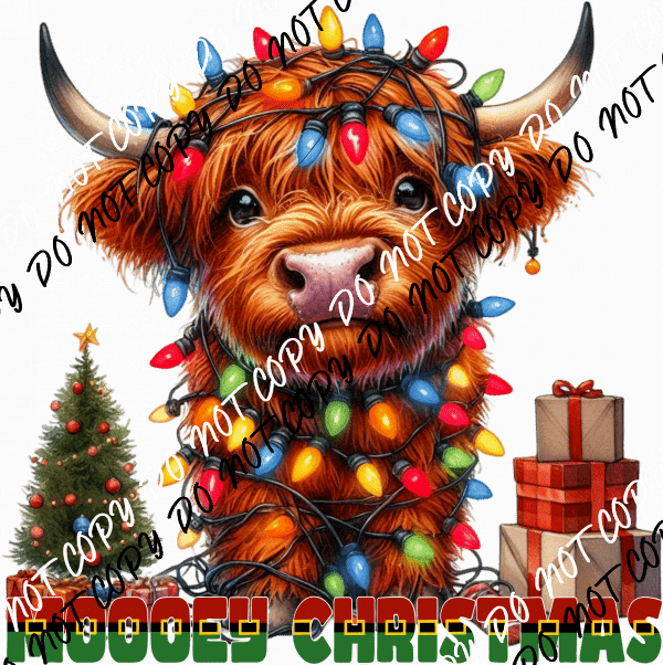 Mooey Christmas Highland Cow with Lights DTF Transfer - We Print U Press DTF Transfers