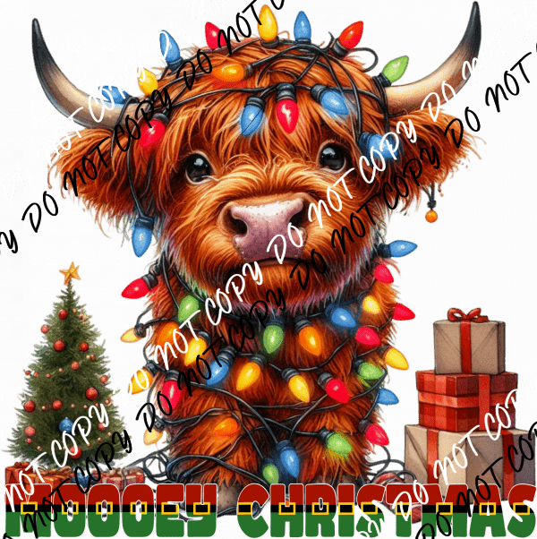 Mooey Christmas Highland Cow with Lights DTF Transfer - We Print U Press DTF Transfers