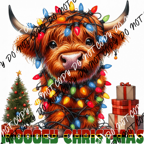 Mooey Christmas Highland Cow with Lights DTF Transfer - We Print U Press DTF Transfers