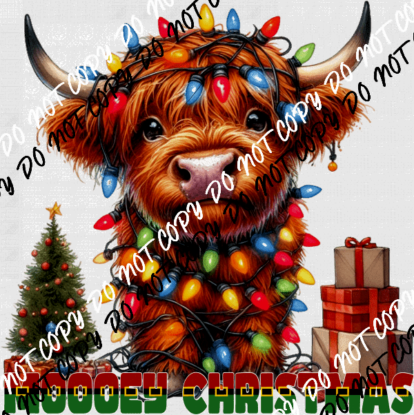 Mooey Christmas Highland Cow with Lights DTF Transfer - We Print U Press DTF Transfers