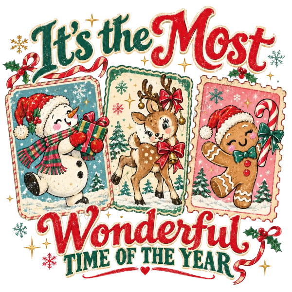 Vintage Christmas design with snowman, reindeer, and gingerbread man ready to press dtf transfer
