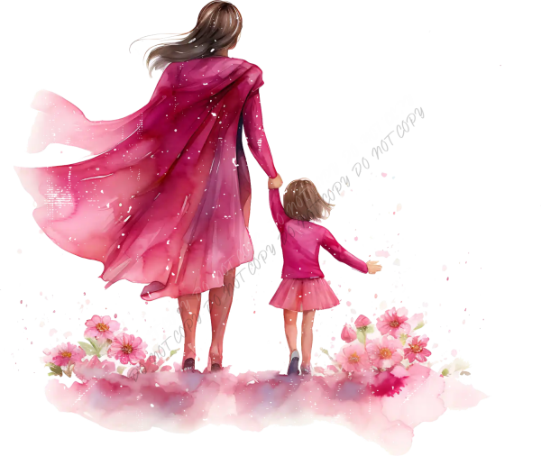 Mother and daughter in matching pink dresses holding hands with flowers, ready to press dtf transfer