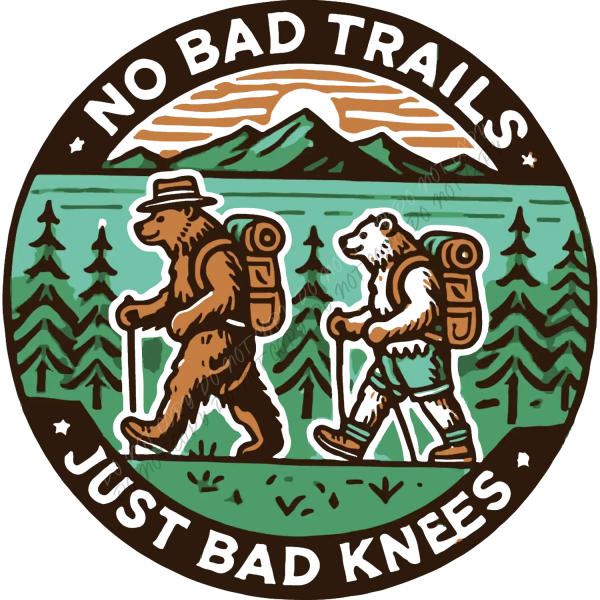 Ready to press DTF transfer showing two cartoon bears hiking with backpacks in mountains and forest landscape.