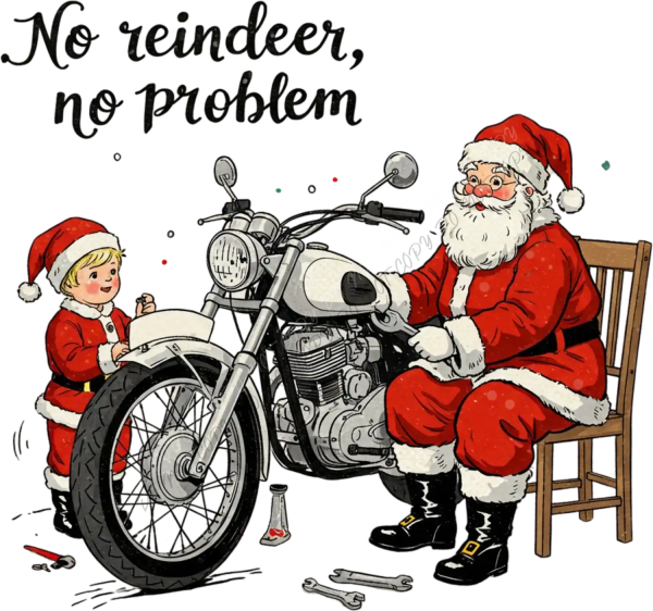 Illustration of Santa on vintage motorcycle with little elf helper, ready to press dtf transfer
