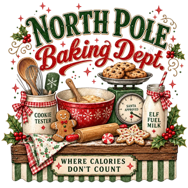 Vintage-style North Pole Baking Dept design with gingerbread, cookies, and holiday baking tools, ready to press DTF transfer.