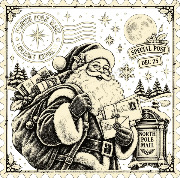 Vintage-style Santa holding mail with North Pole mailbox, full moon, and snowflakes — ready to press dtf transfer.