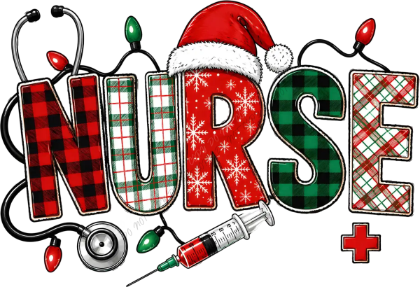 Colorful nurse Christmas design with stethoscope, syringe, and Santa hat, ready to press dtf transfer