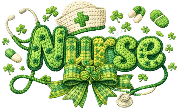Green textured nurse shamrock design with medical cross, ready to press dtf transfer with lucky clover graphics