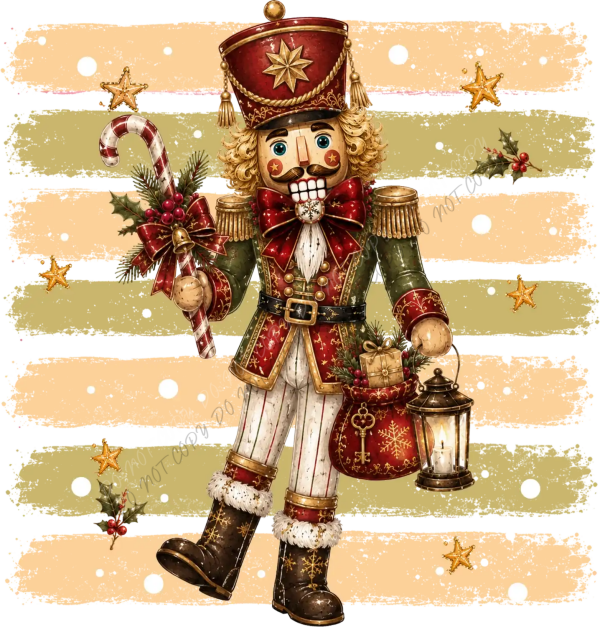 Ready to press DTF transfer featuring a vintage nutcracker soldier in red uniform holding candy cane and lantern on striped background